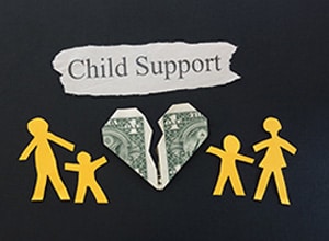 Concept of child support with a dollar shaped like a broken heart in between two pairs of adults and children