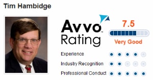 An Avvo rating badge for attorney Tim Hambidge. The badge indicates he is rated a 7.5 on the legal website Avvo.